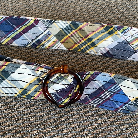 J. Crew Madras Plaid Cotton Belt w/Tortoise Shell Cinch Ring Y2K Vintage M/L - Picture 2 of 6